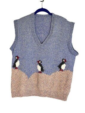 Vintage Hand Chunky Kit Sweater Vest XL Bird Retro Grandpa Coastal Artsy 80s